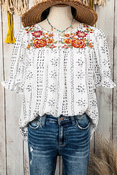 Floral Embroidered Printed Crinkle Blouse